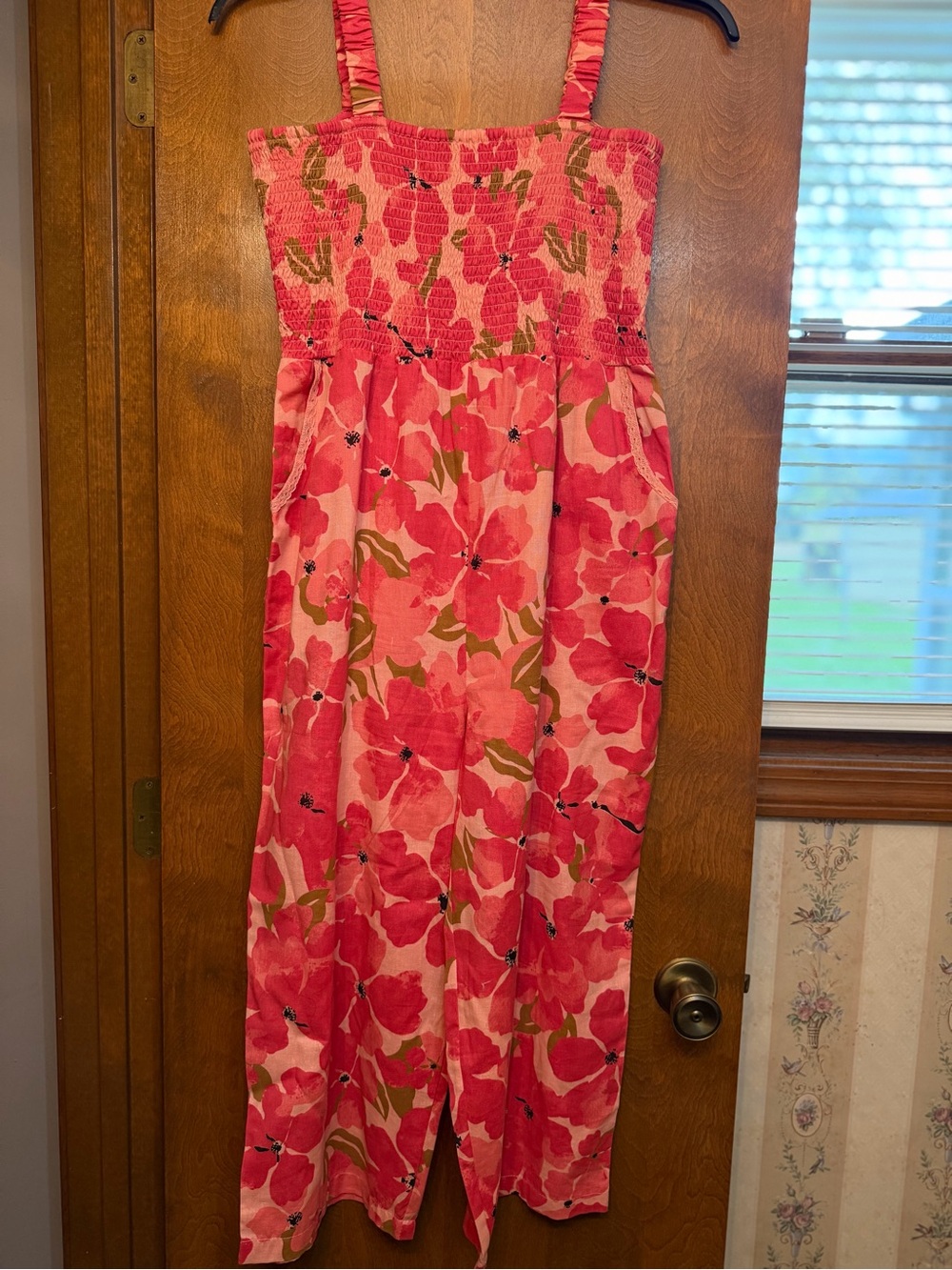 Pink Floral Smocked Strap Jumpsuit